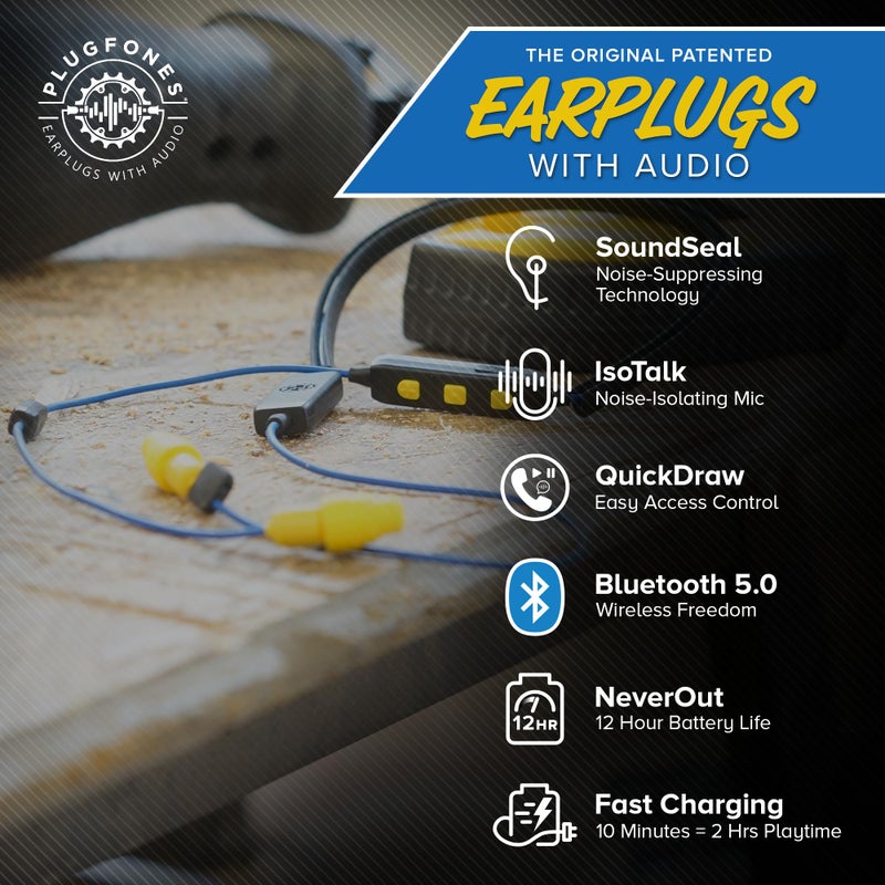 Plugfones Liberate 2.0 Wireless Bluetooth in-Ear Earplug Earbuds- 29NRR Noise Reduction Headphones with Noise Isolating Mic and Controls (Blue & Yellow) - Image 3